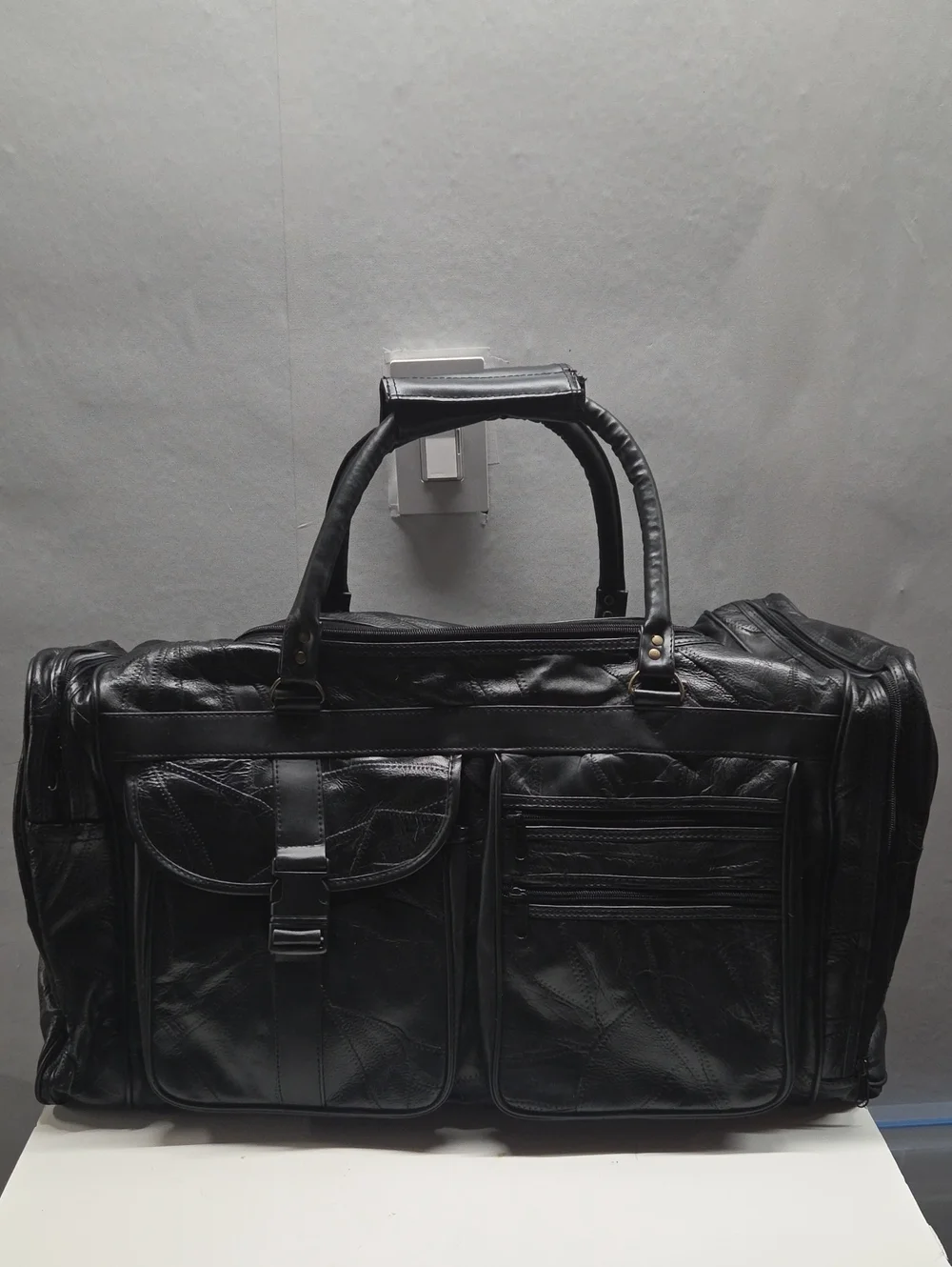 Black Leather Duffel Bag with Front Pockets - Unbranded